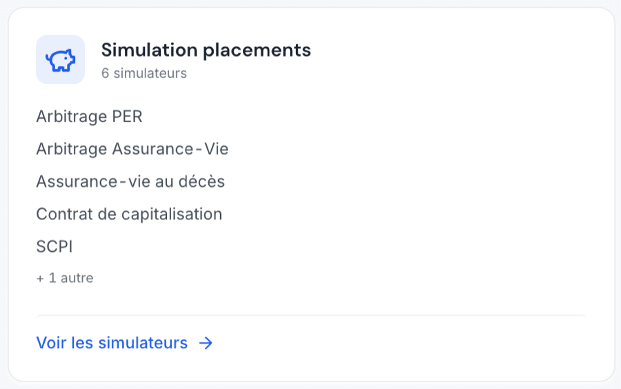 Carte Simulation placements du tableau de bord PatrimLab, listant les simulateurs de placements disponibles : arbitrage PER, arbitrage assurance-vie, assurance-vie au décès, contrat de capitalisation, SCPI