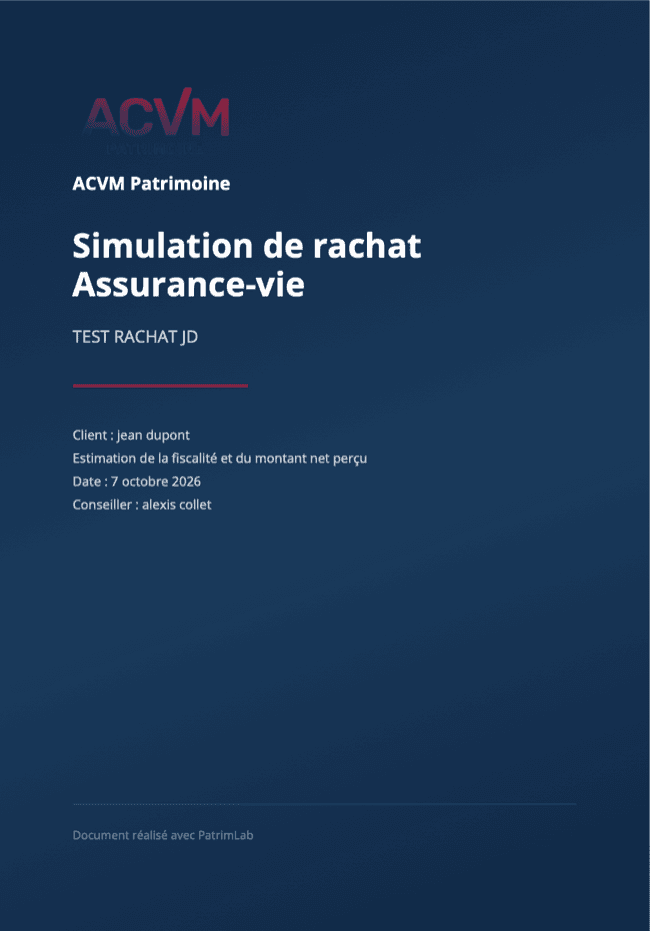 Page de couverture d'un rapport PDF PatrimLab de simulation de rachat d'assurance-vie, avec le logo du cabinet, le titre de l'étude, le client, la date et le conseiller