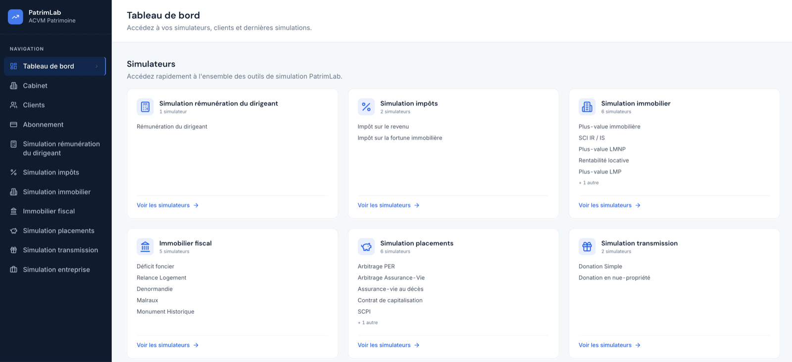 Tableau de bord PatrimLab : navigation latérale et cartes regroupant les simulateurs par univers (rémunération du dirigeant, impôts, immobilier, immobilier fiscal, placements, transmission, entreprise)